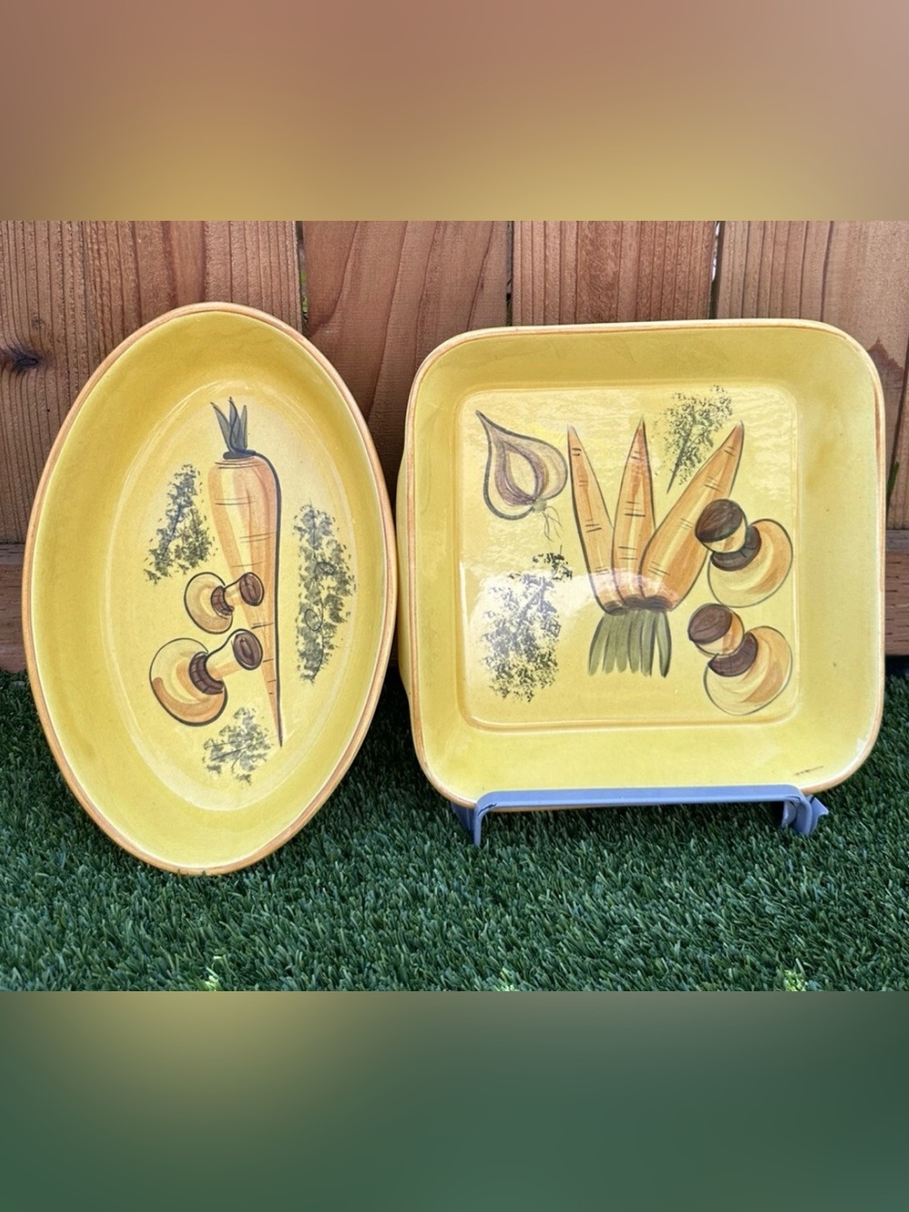 1970's Los Angeles Potteries Casserole Dish Ovenware Set square + Oval Mushroom